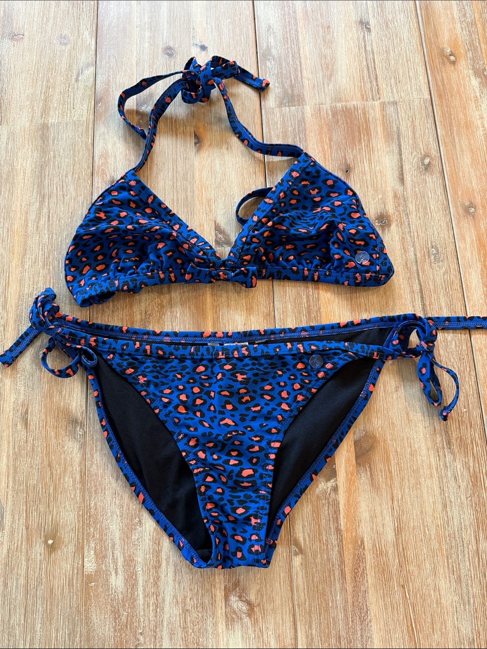 French Connection Navy Blue and Orange Leopard Print Tie Bikini